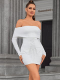 Model wearing a white off-the-shoulder ruched mini dress with lace-up corset waist