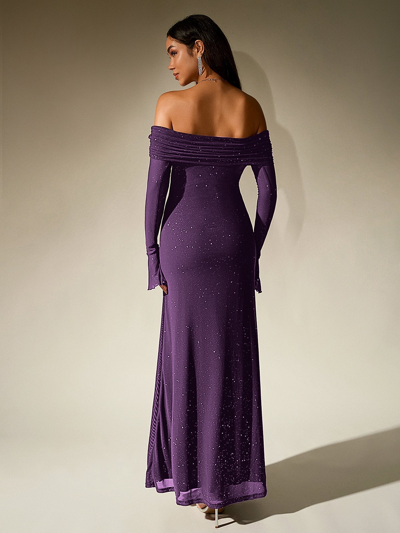 Off shoulder long sleeve sequin maxi dress - View 32 | WEUXS