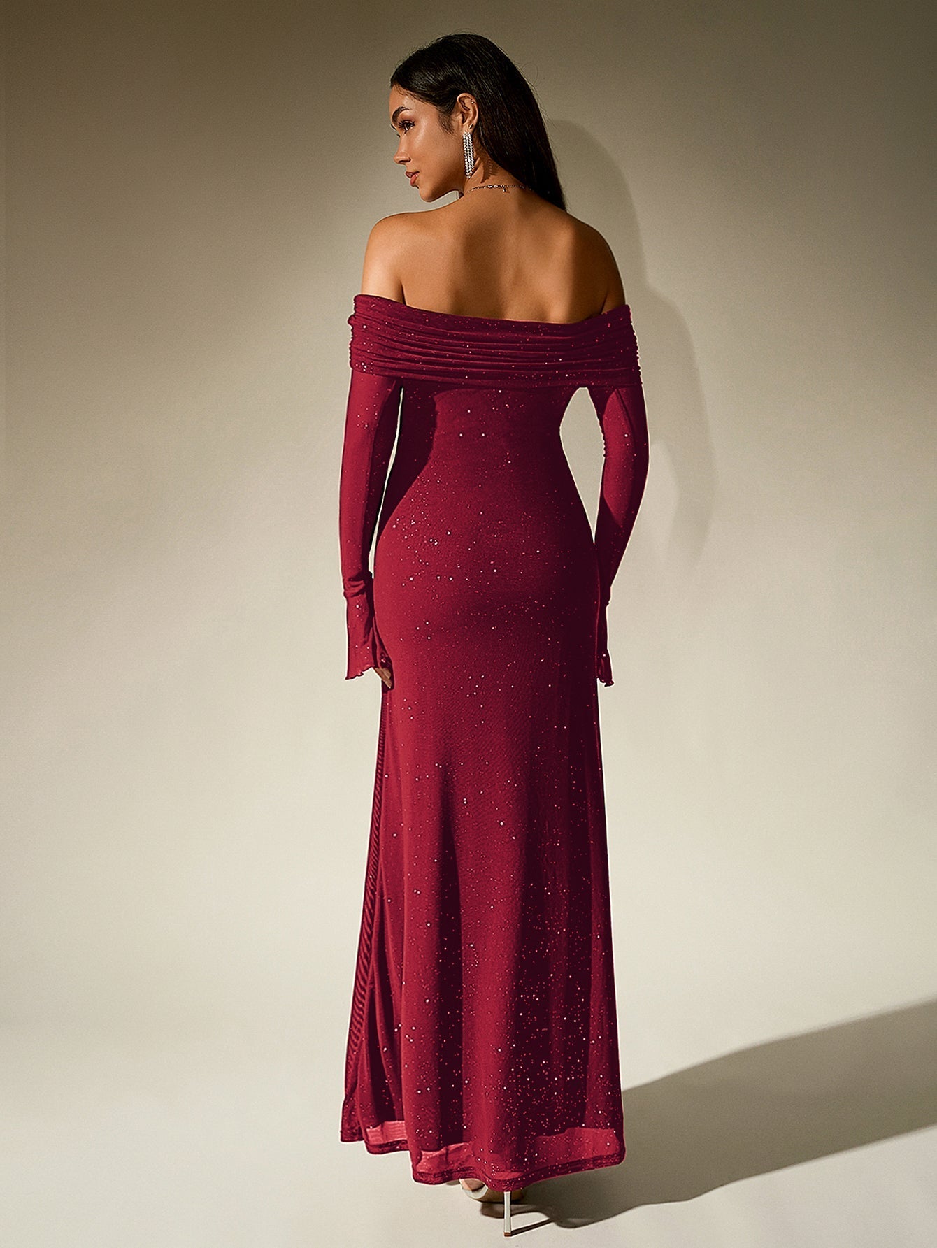 Off shoulder long sleeve sequin maxi dress - View 38 | WEUXS