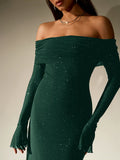 mesh sequin flounce sleeve off shoulder dress#color_dg