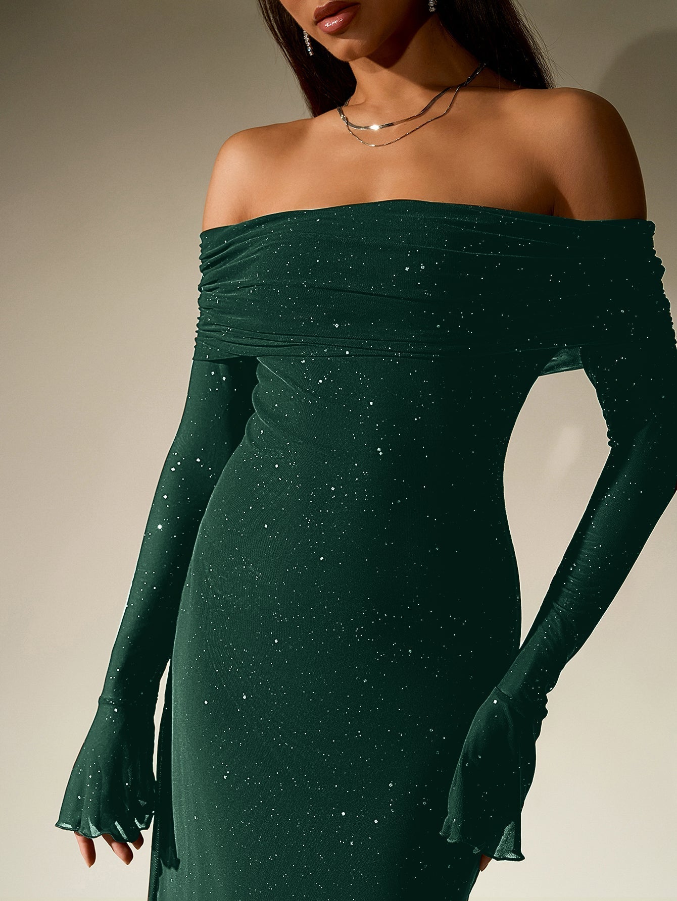 mesh sequin flounce sleeve off shoulder dress#color_dg