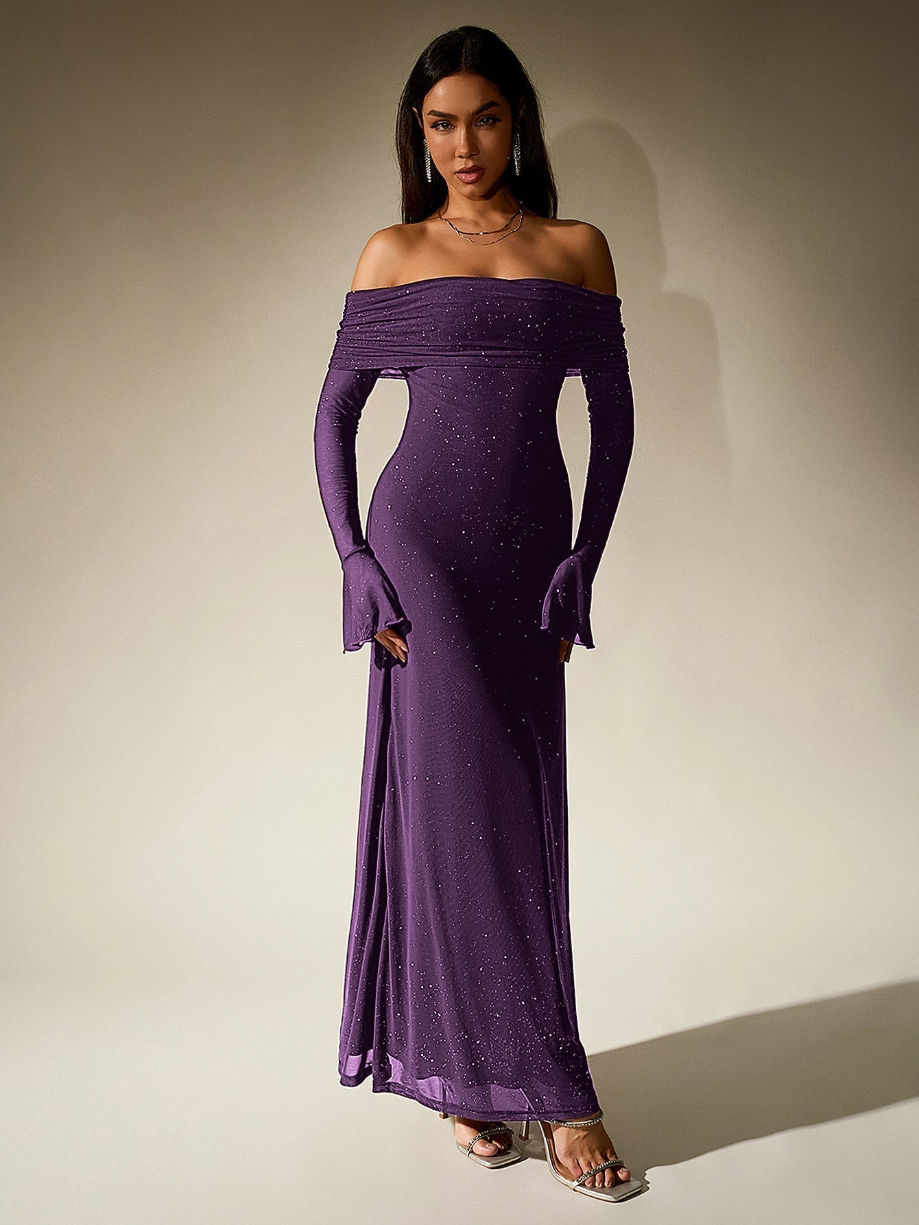 Off shoulder long sleeve sequin maxi dress - View 35 | WEUXS