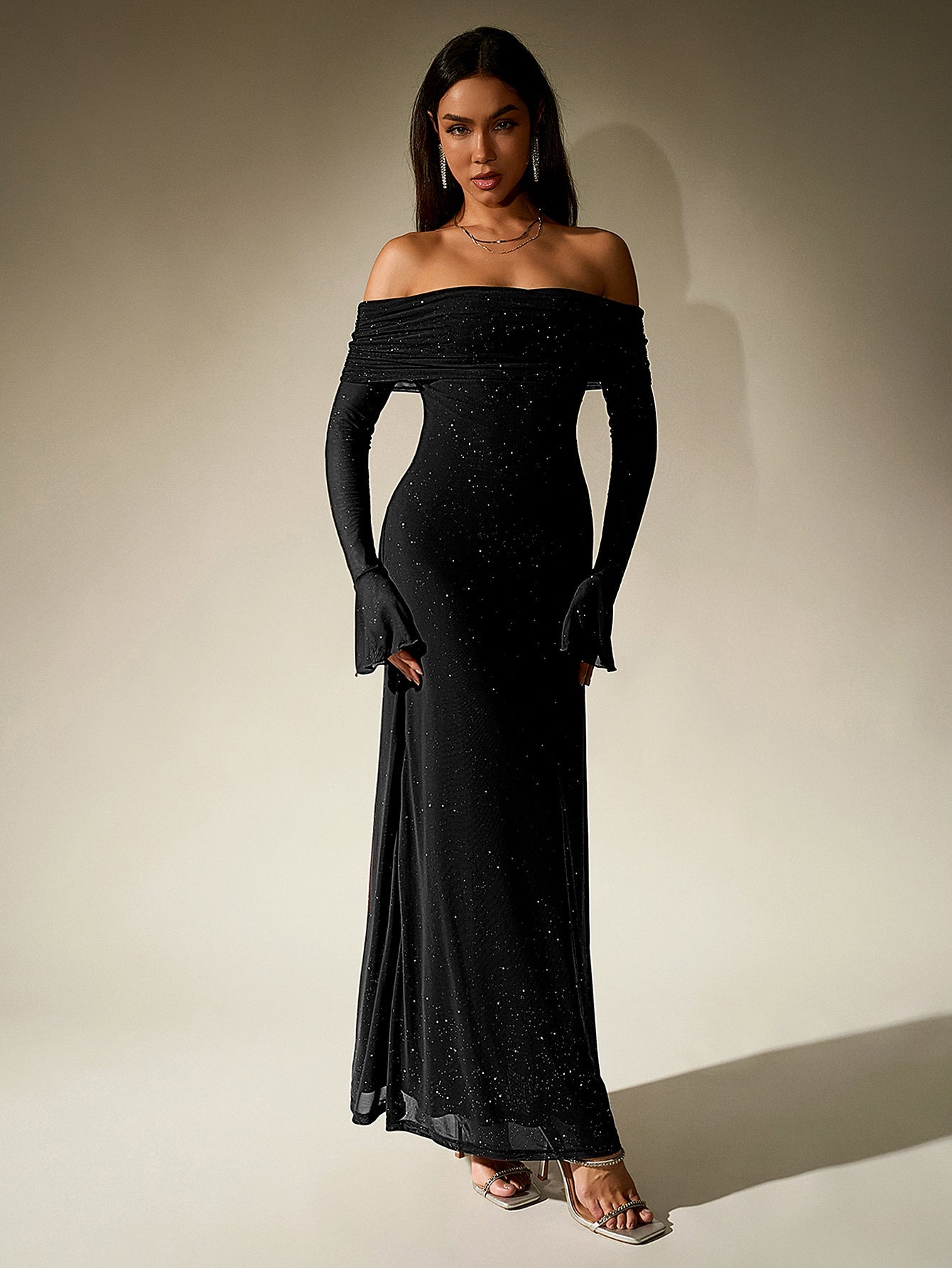 Off shoulder long sleeve sequin maxi dress - View 11 | WEUXS