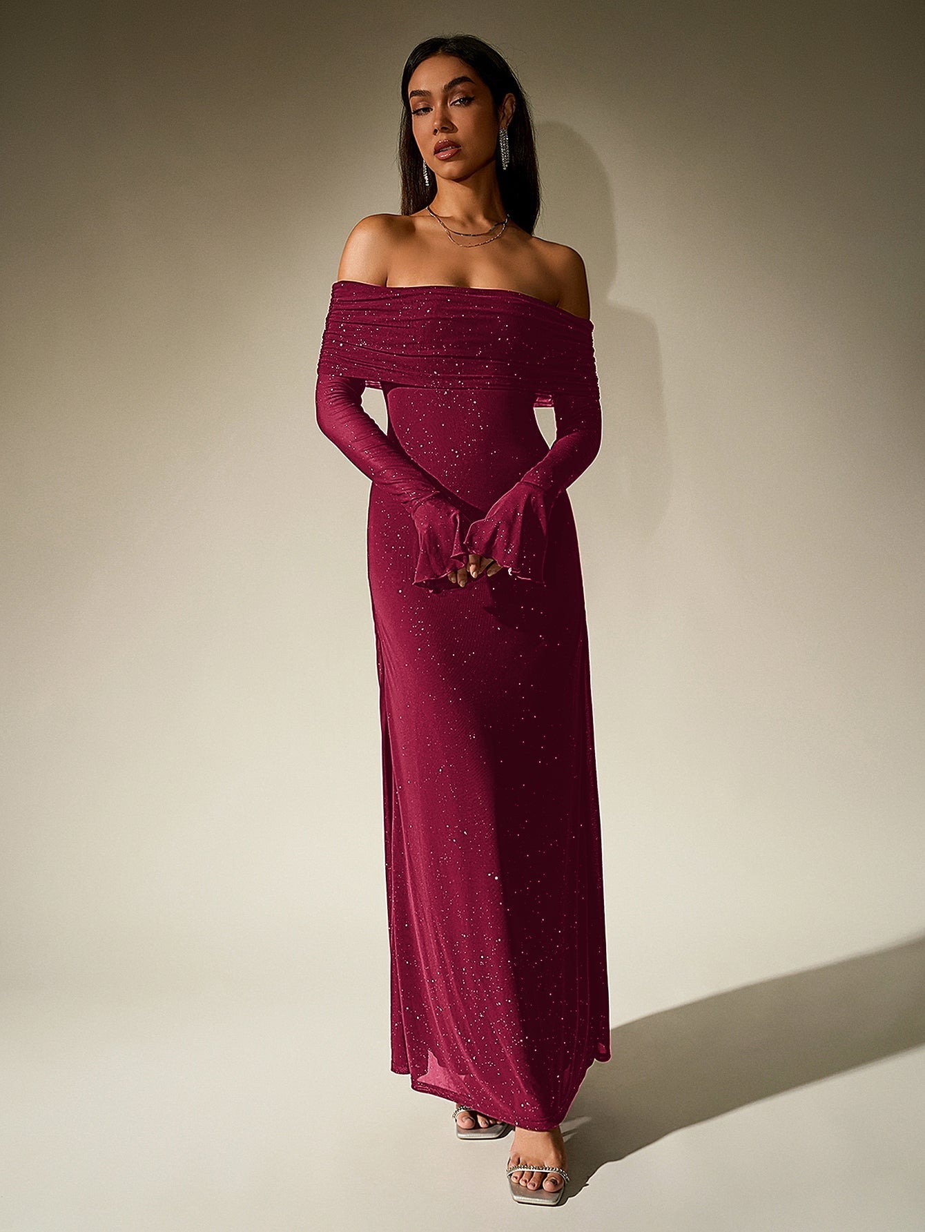 Off shoulder long sleeve sequin maxi dress - View 17 | WEUXS