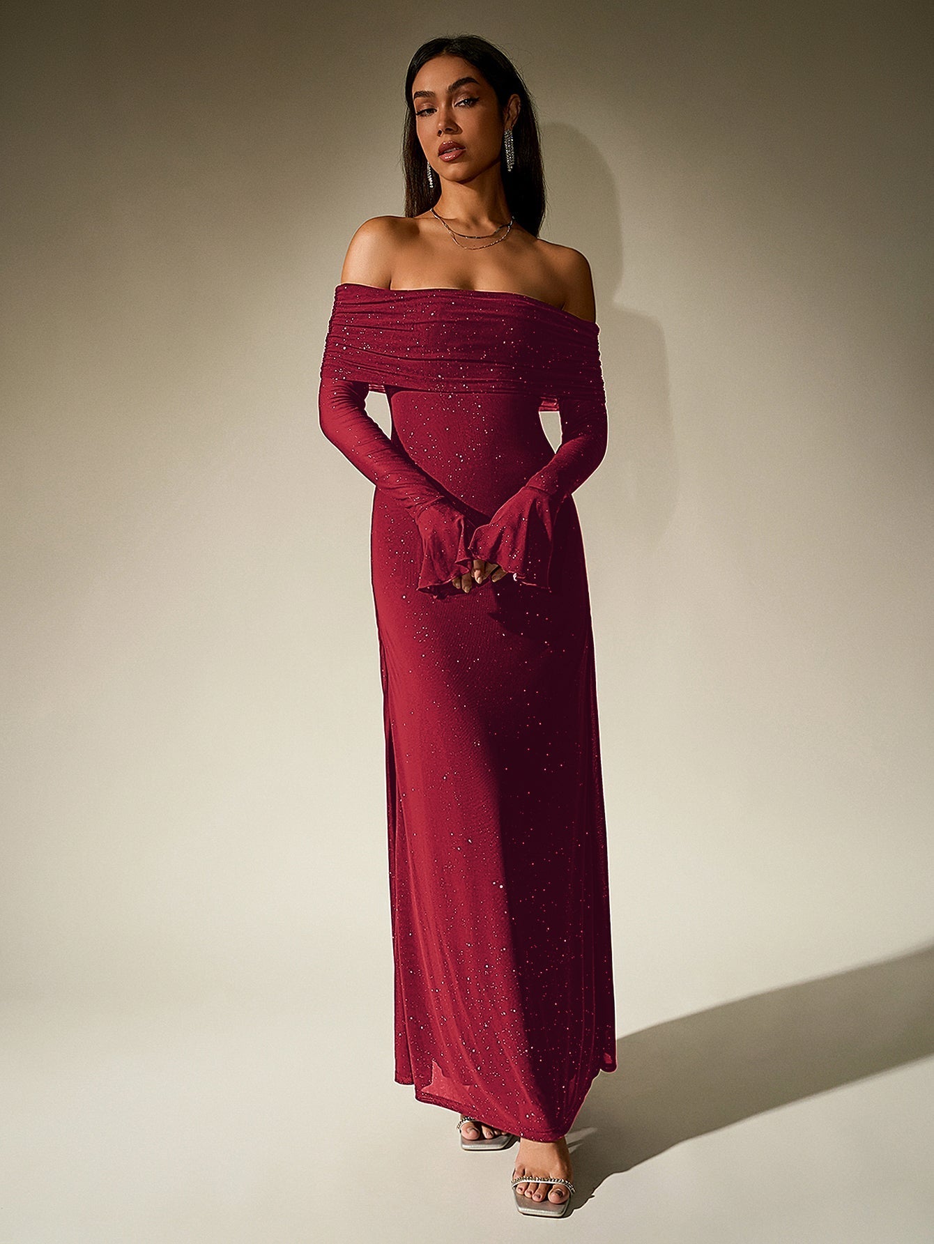 Off shoulder long sleeve sequin maxi dress - View 41 | WEUXS