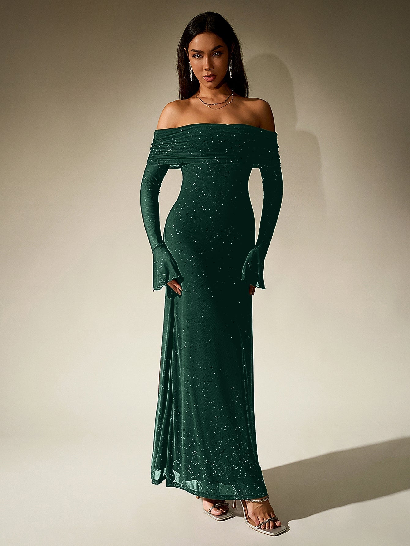 flounce sleeve mesh sequin off shoulder dress#color_dg