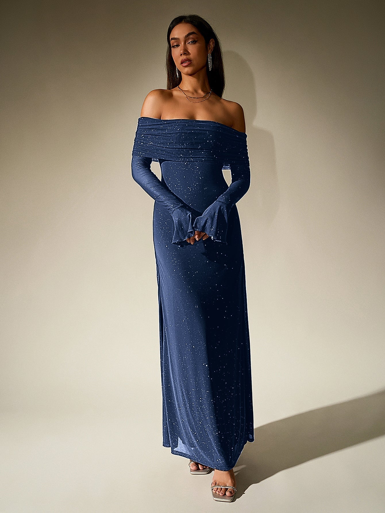 Off shoulder long sleeve sequin maxi dress - View 23 | WEUXS