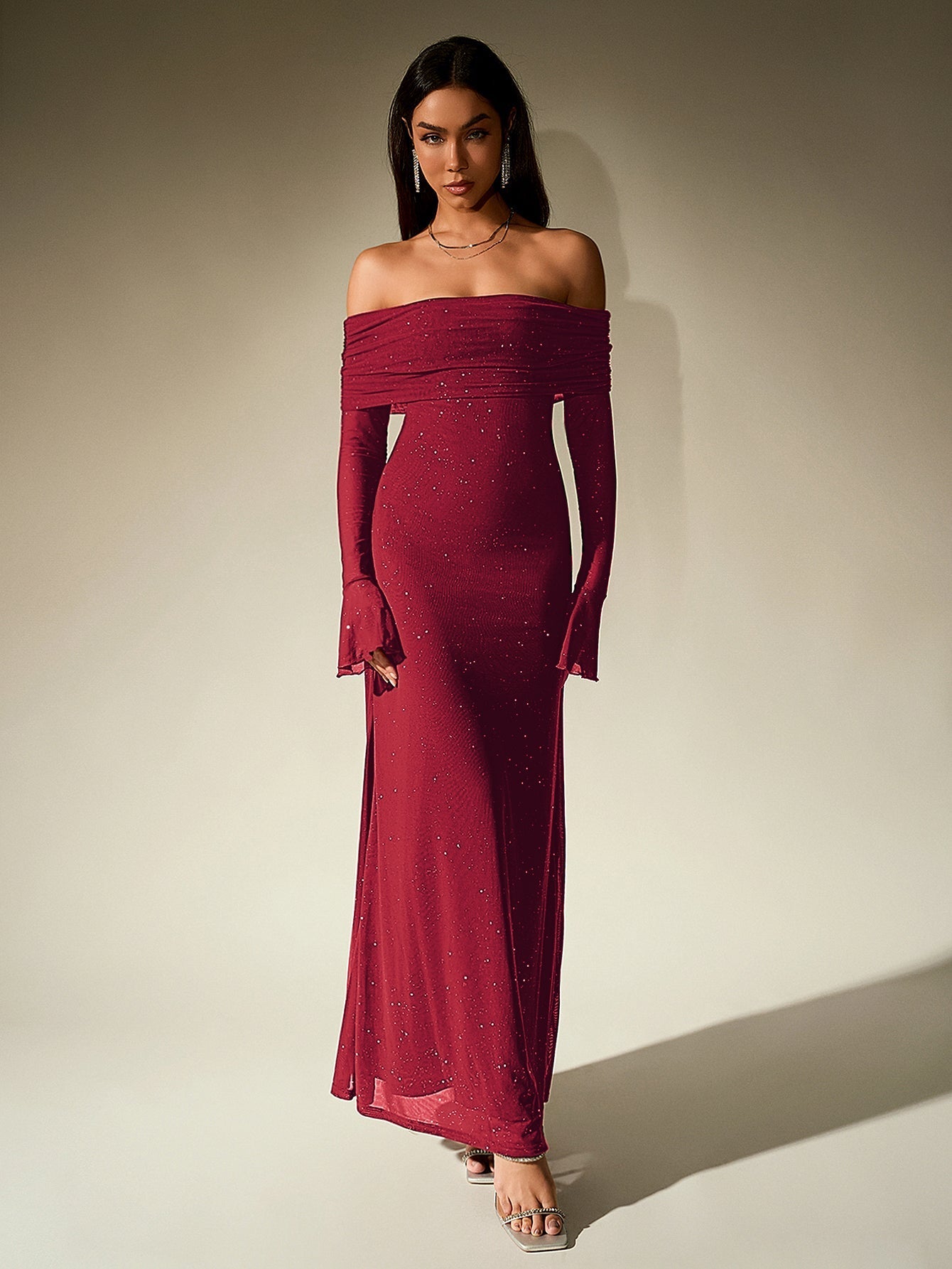 Off shoulder long sleeve sequin maxi dress - View 37 | WEUXS