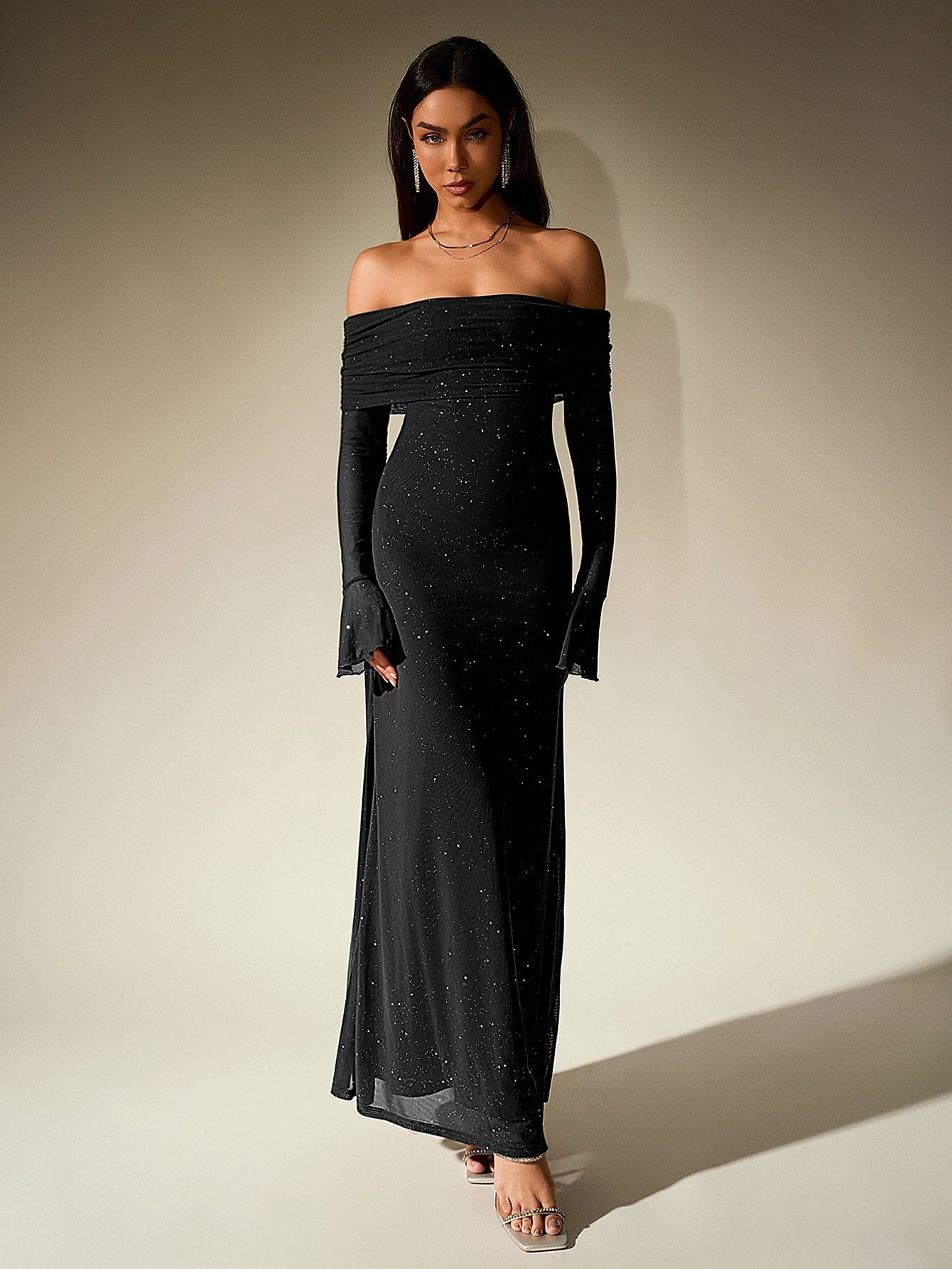 Off shoulder long sleeve sequin maxi dress - View 7 | WEUXS