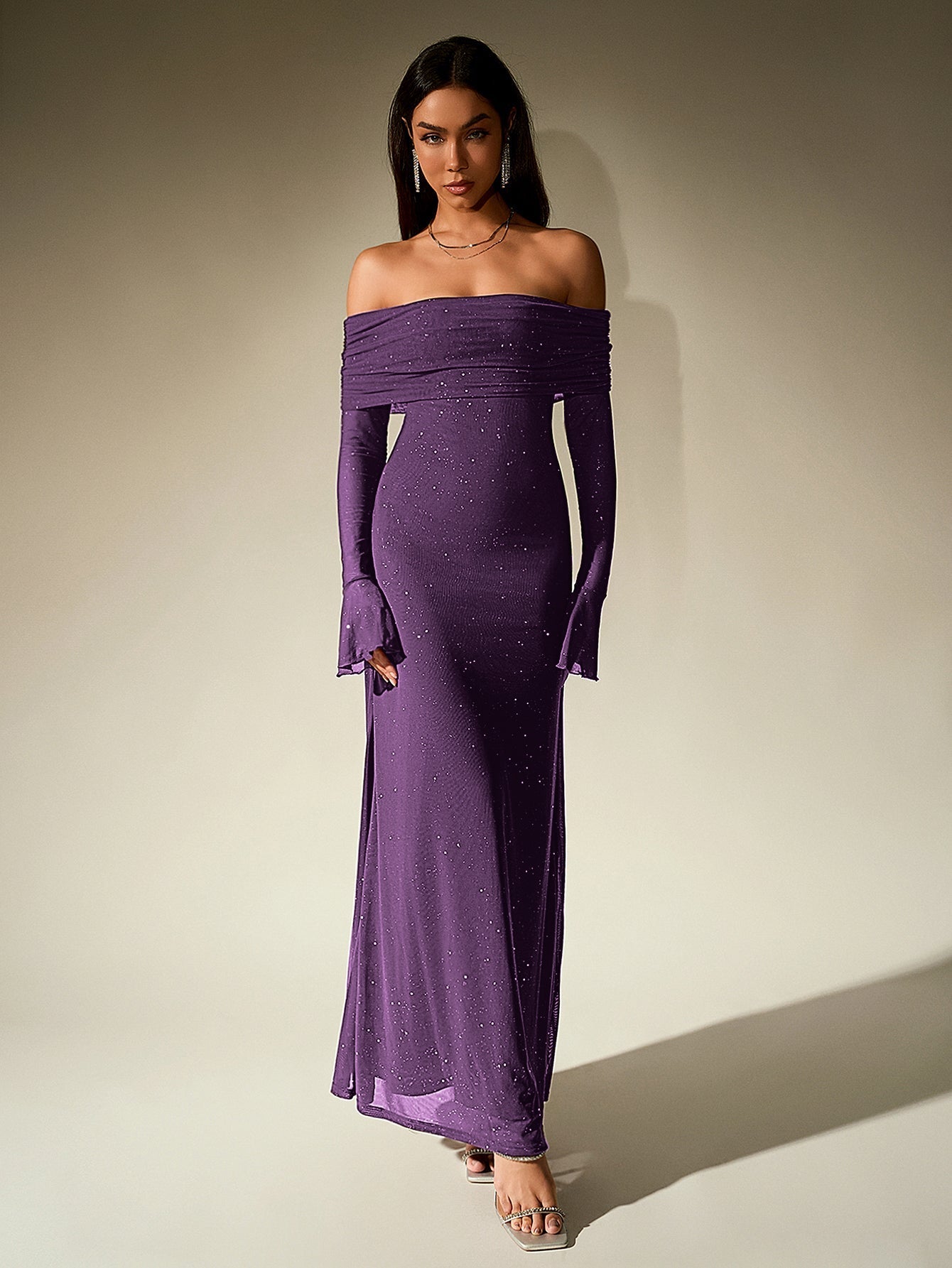 off shoulder flounce sleeve mesh sequin dress#color_purple