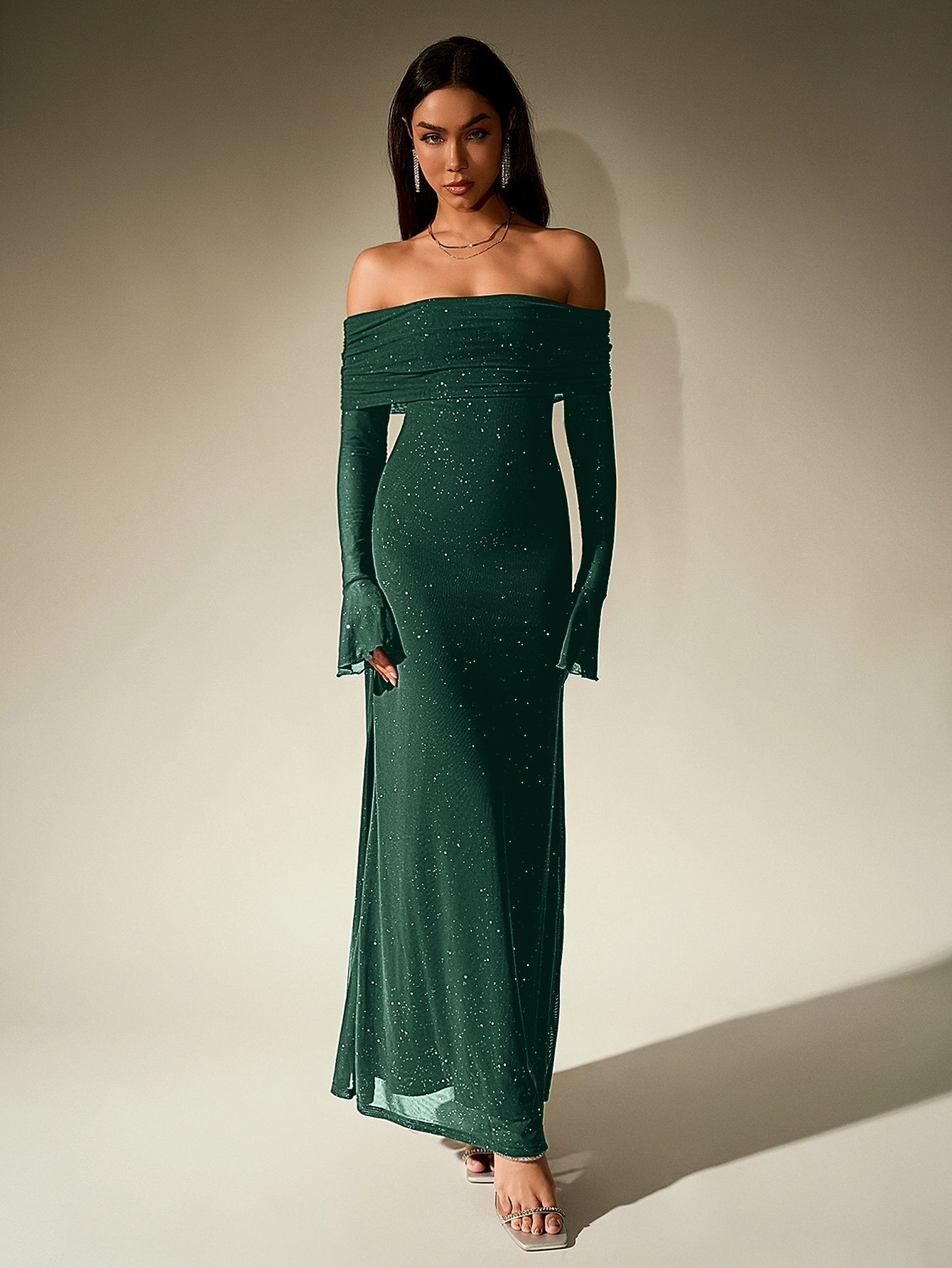 Off shoulder long sleeve sequin maxi dress - View 25 | WEUXS