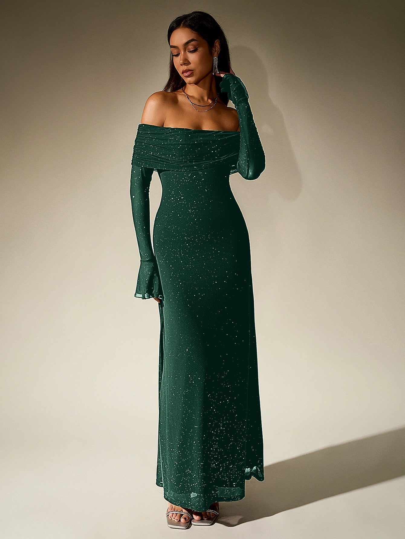 Off shoulder long sleeve sequin maxi dress - View 28 | WEUXS
