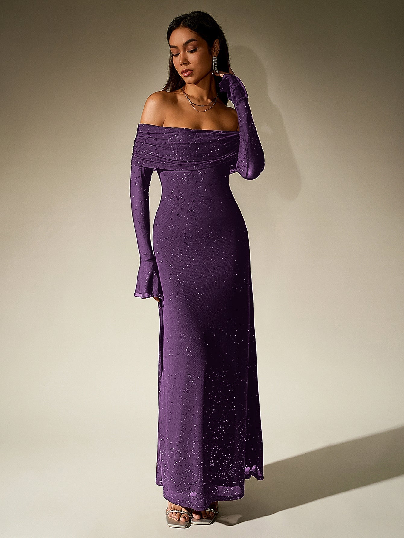 Off shoulder long sleeve sequin maxi dress - View 34 | WEUXS