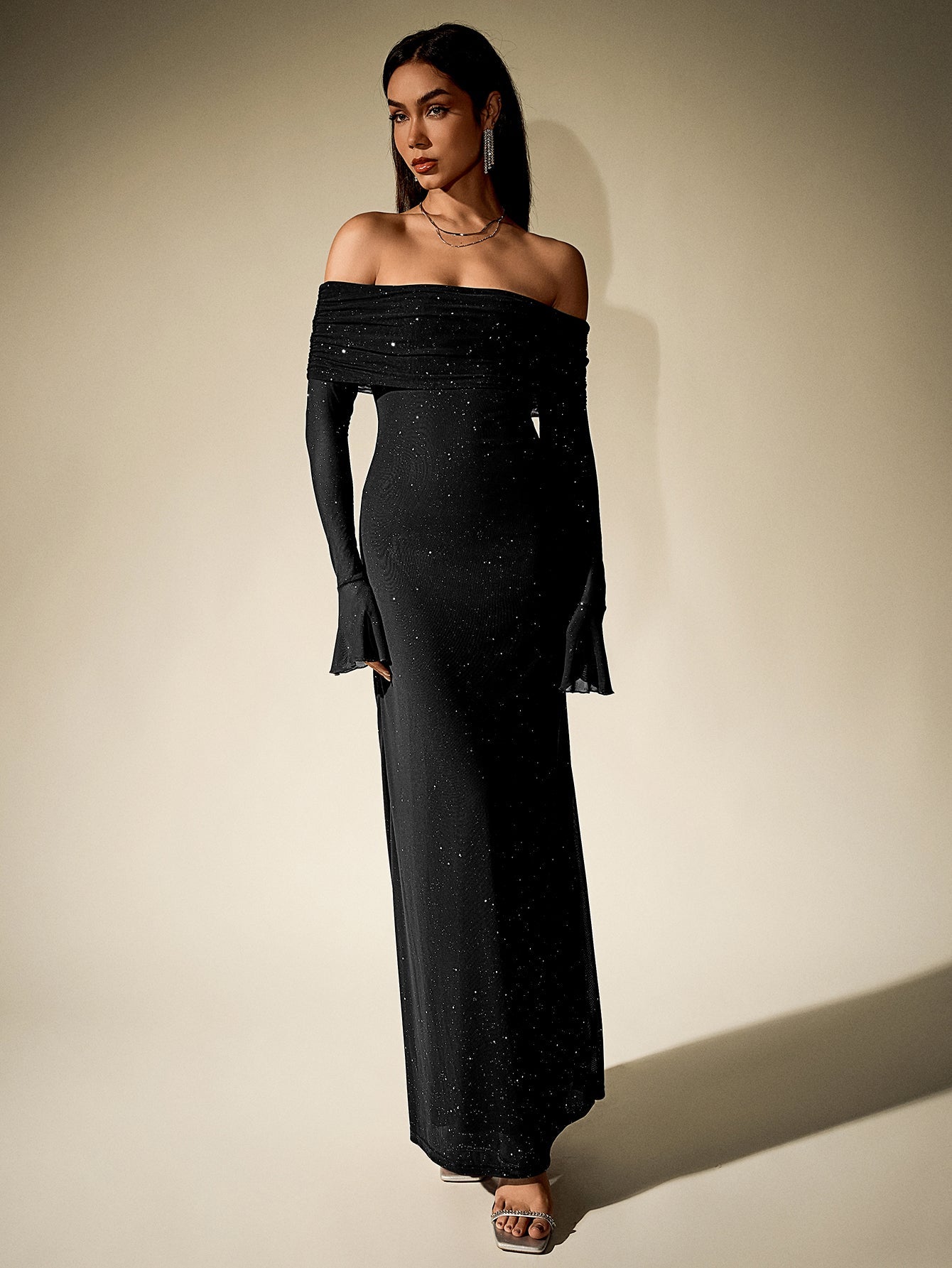Off shoulder long sleeve sequin maxi dress - View 9 | WEUXS