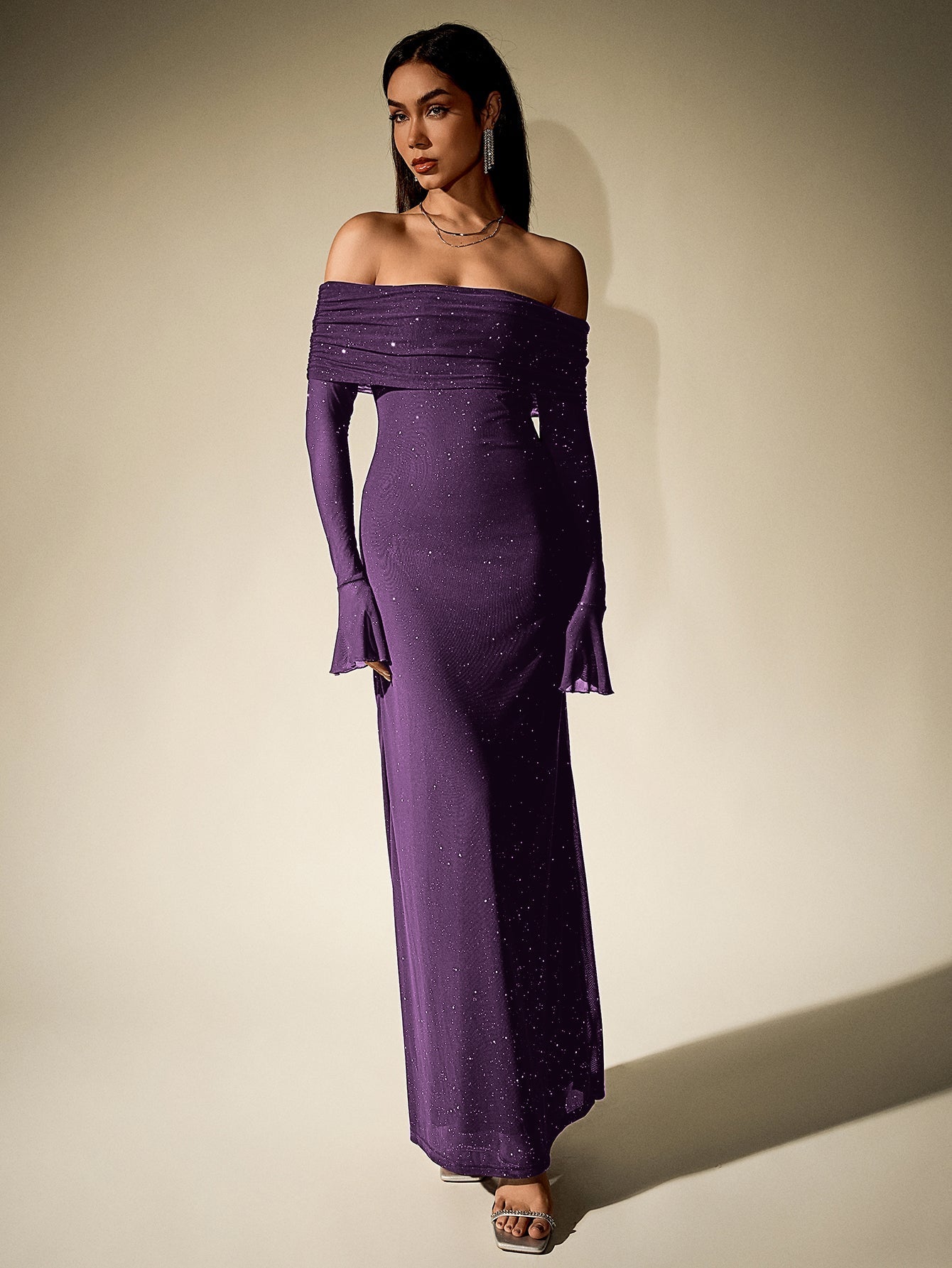 Off shoulder long sleeve sequin maxi dress - View 33 | WEUXS