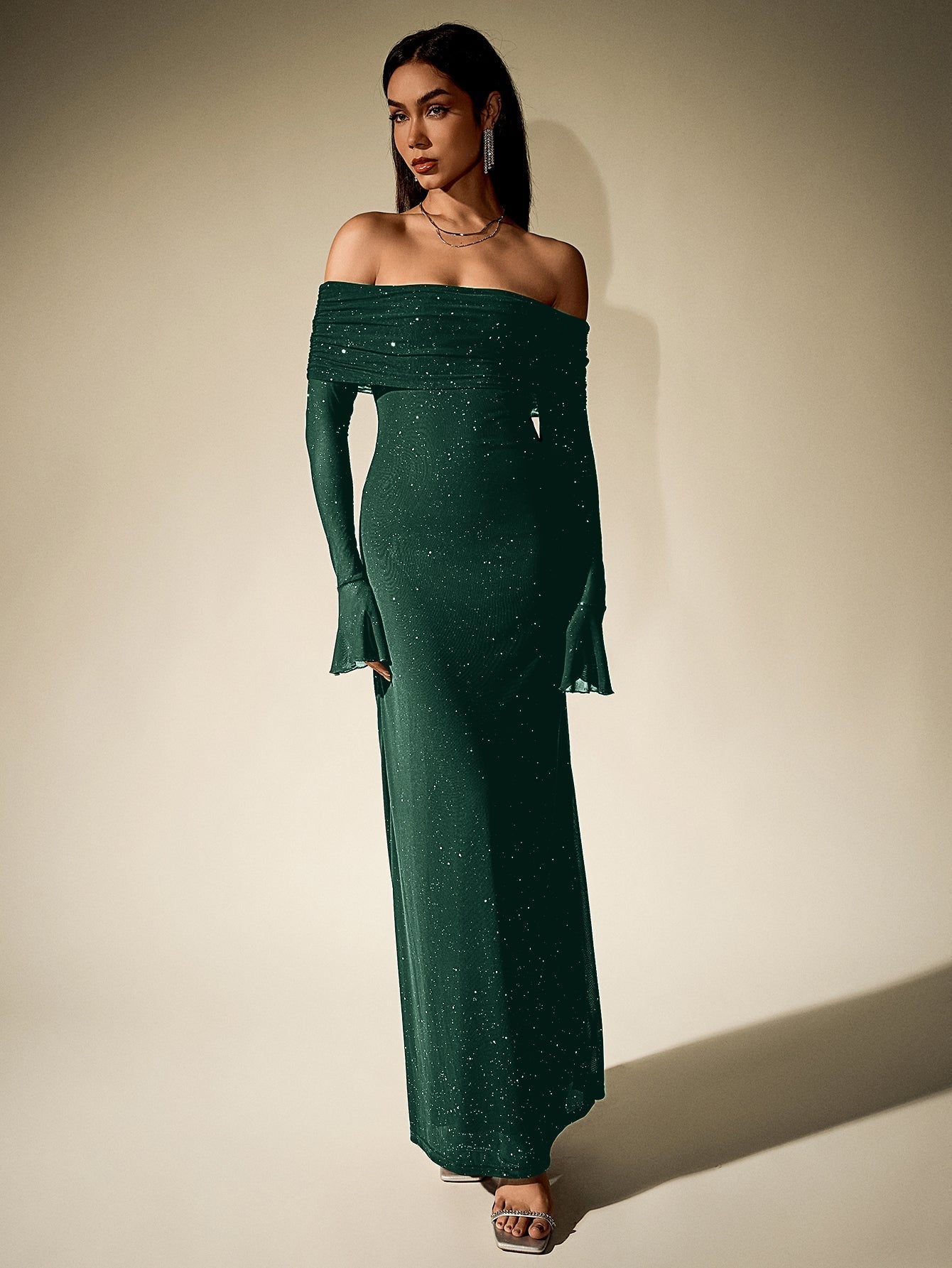 Off shoulder long sleeve sequin maxi dress - View 27 | WEUXS