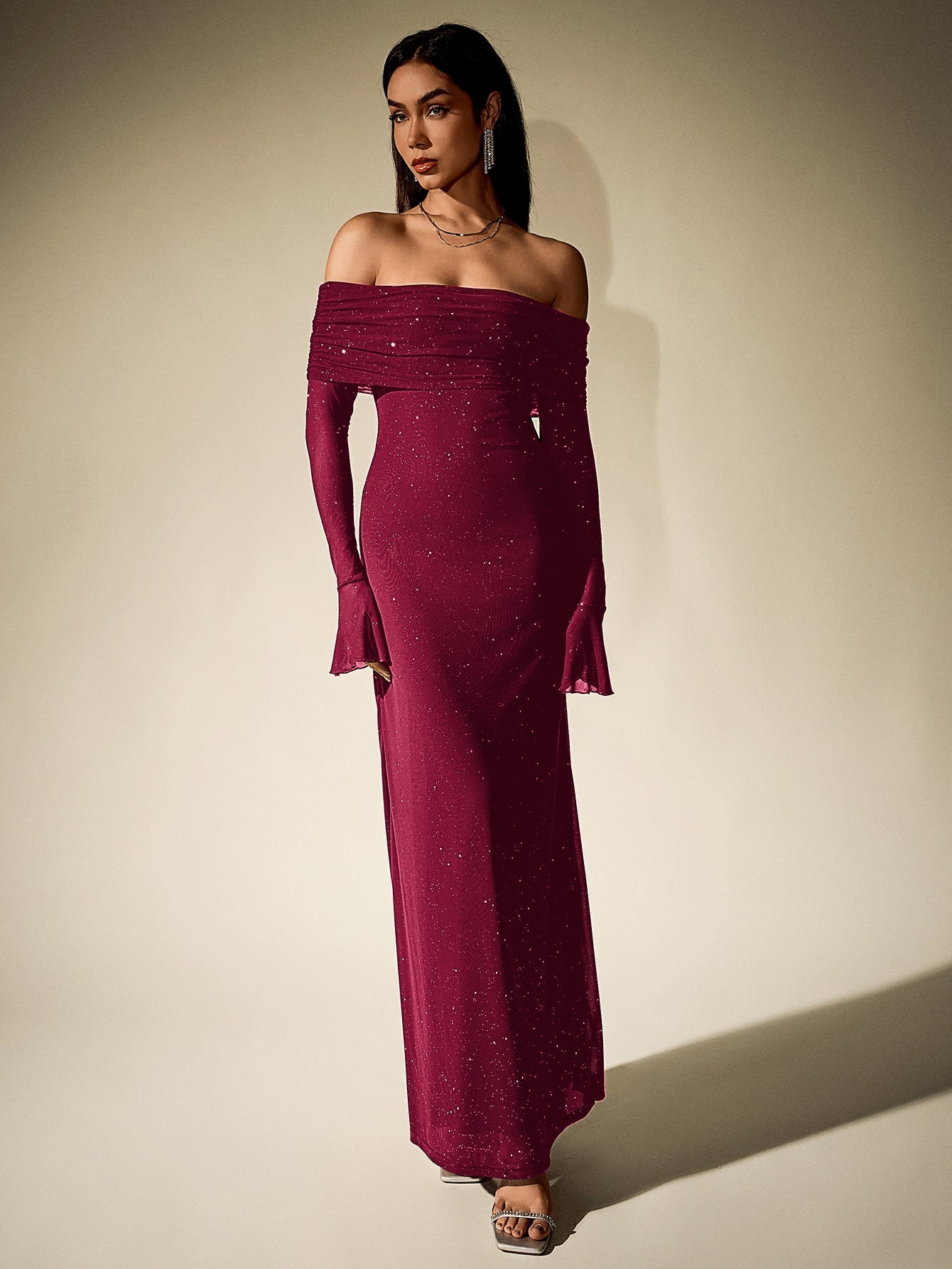 Off shoulder long sleeve sequin maxi dress - View 15 | WEUXS