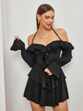 Halter Neck Ruffle Tiered Mini Dress - View 6 | WEUXS