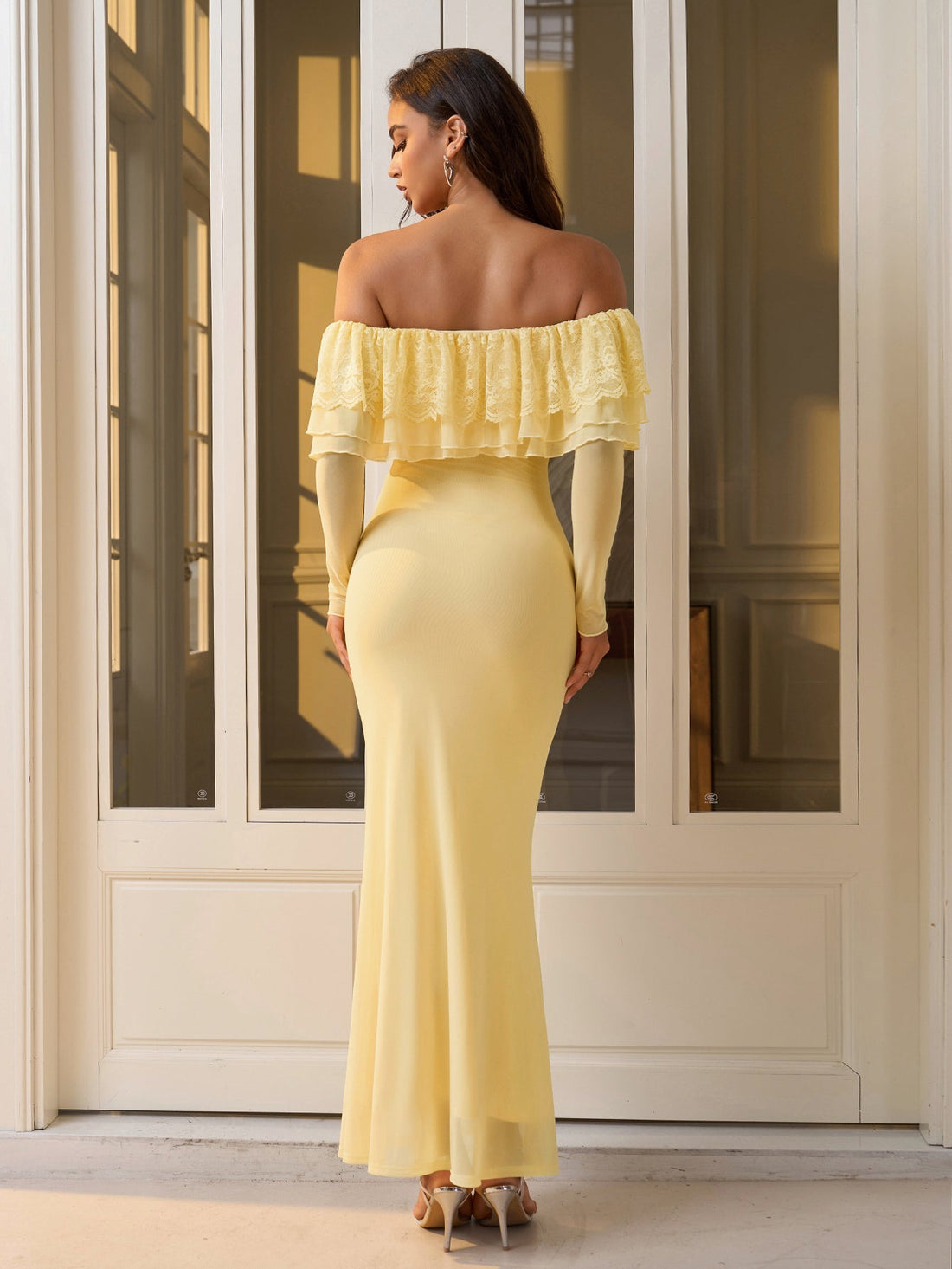 Off Shoulder Long Sleeve Bodycon Mesh Dress#color_yellow