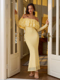 Bodycon Off Shoulder Long Sleeve Mesh Dress#color_yellow