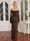 Back view of a woman in a long brown off-the-shoulder ruched dress