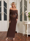 Crisscross Waist Off Shoulder Ruched Mesh Bodycon Dress#color_brown