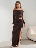 Close-up of the ruched detailing on a brown off-the-shoulder maxi dress with a side cutout and high slit