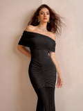 mesh off shoulder ruched bodycon dress#color_black
