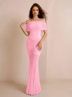 mesh ruched off shoulder bodycon dress#color_pink