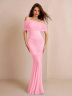 ruched mesh off shoulder bodycon dress#color_pink