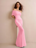 ruched off shoulder mesh bodycon dress#color_pink