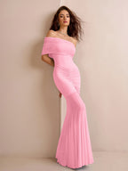 ruched off shoulder mesh bodycon dress#color_pink