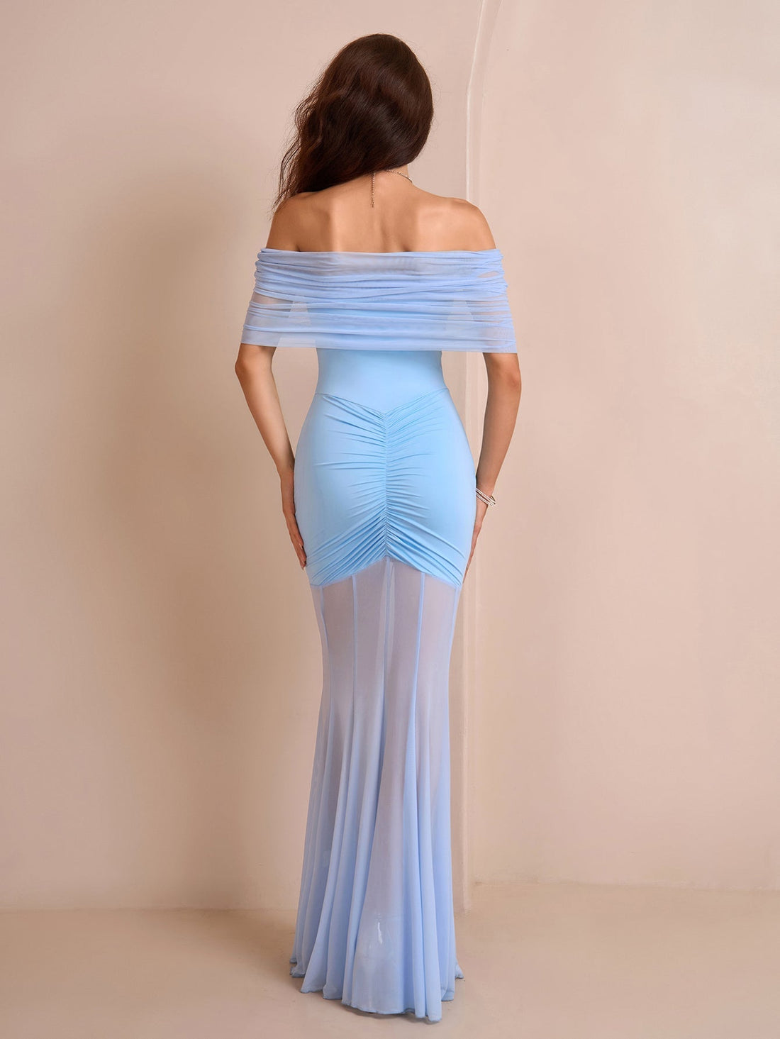 off shoulder ruched mesh bodycon dress#color_blue