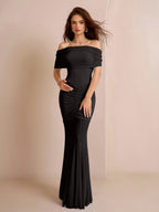 off shoulder ruched mesh bodycon dress#color_black