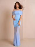 off shoulder ruched mesh bodycon dress#color_blue