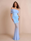 off shoulder mesh ruched bodycon dress#color_blue