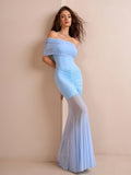 mesh off shoulder ruched bodycon dress#color_blue