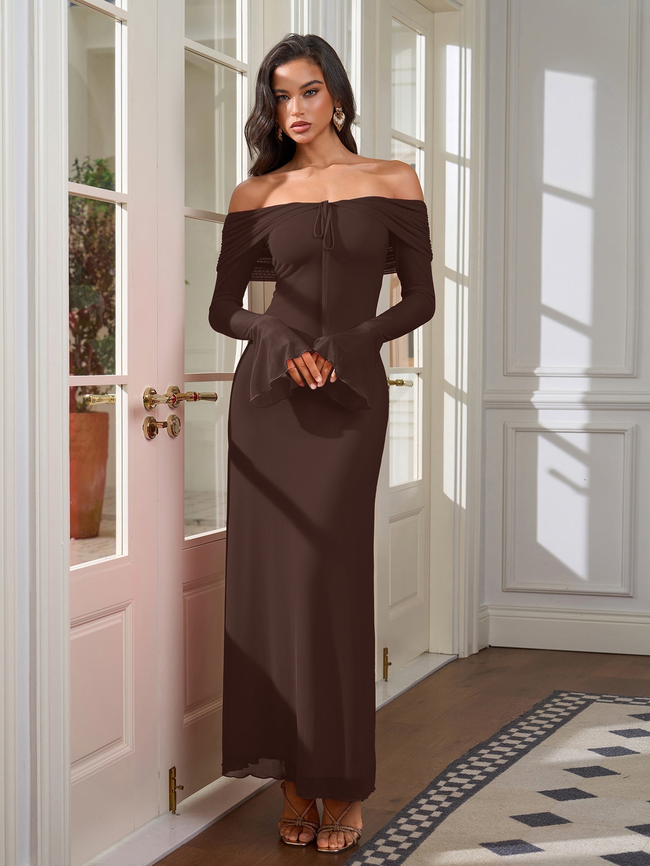 Off Shoulder Maxi Dress with Tie Neckline - View 6 | WEUXS