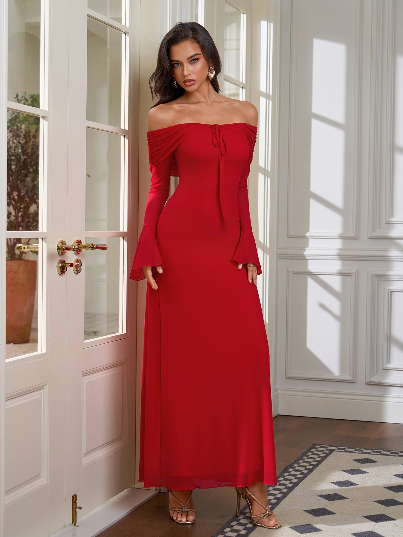 Off Shoulder Maxi Dress with Tie Neckline - View 9 | WEUXS