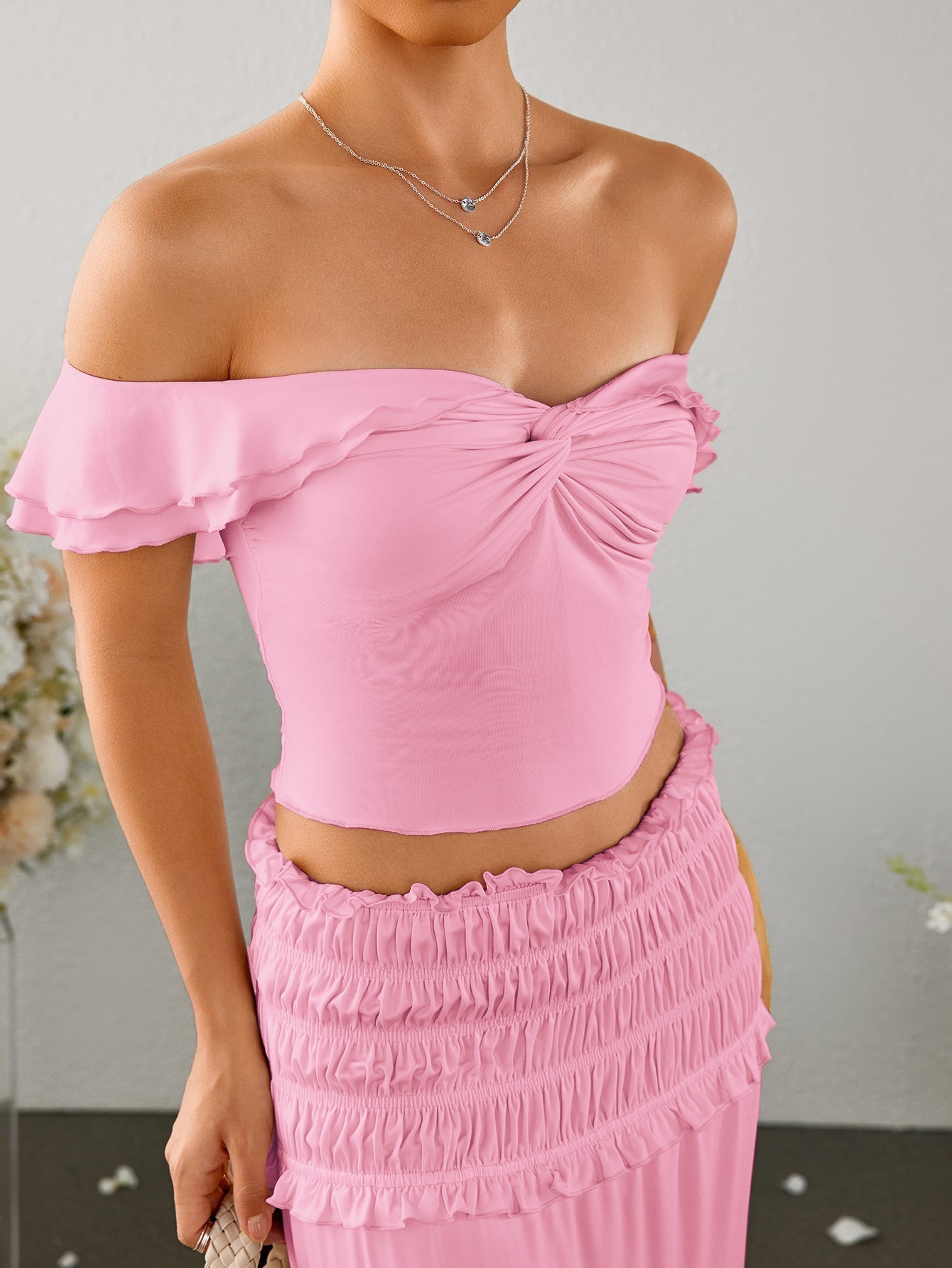 Off shoulder top and ruffle skirt set - View 12 | WEUXS
