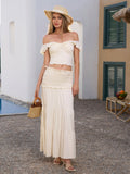 ruched twist front off shoulder top&ruffle low waist skirt#color_ivory