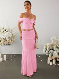 off shoulder ruched twist front top&ruffle low waist skirt#color_pink