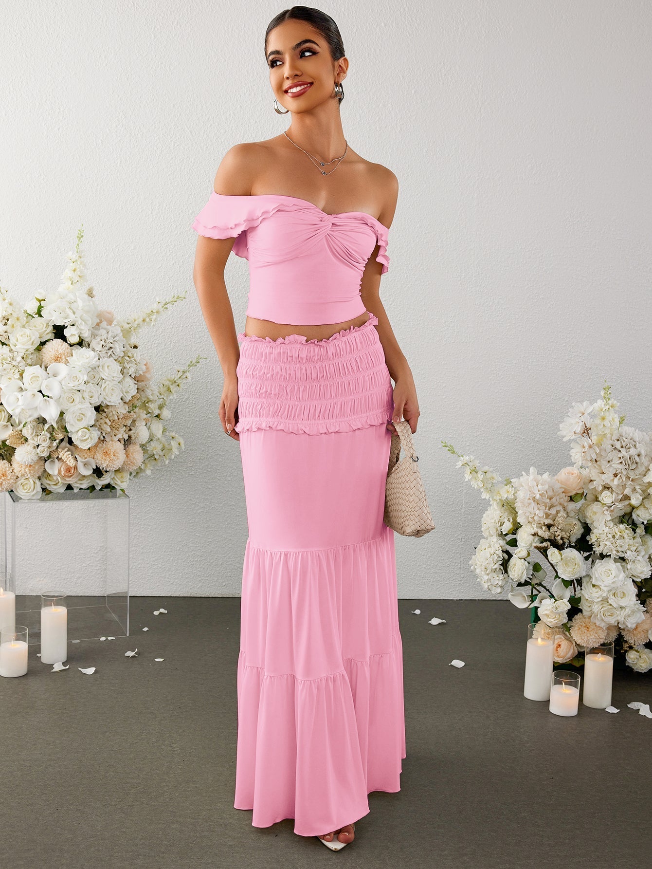 off shoulder ruched twist front top&ruffle low waist skirt#color_pink