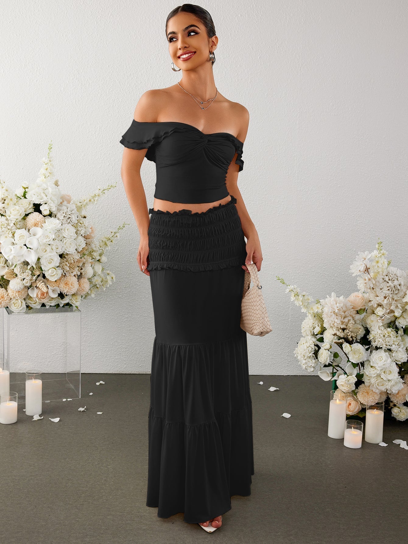 Off shoulder top and ruffle skirt set - View 13 | WEUXS