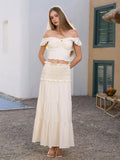 off shoulder ruched twist front top&ruffle low twist skirt#color_ivory