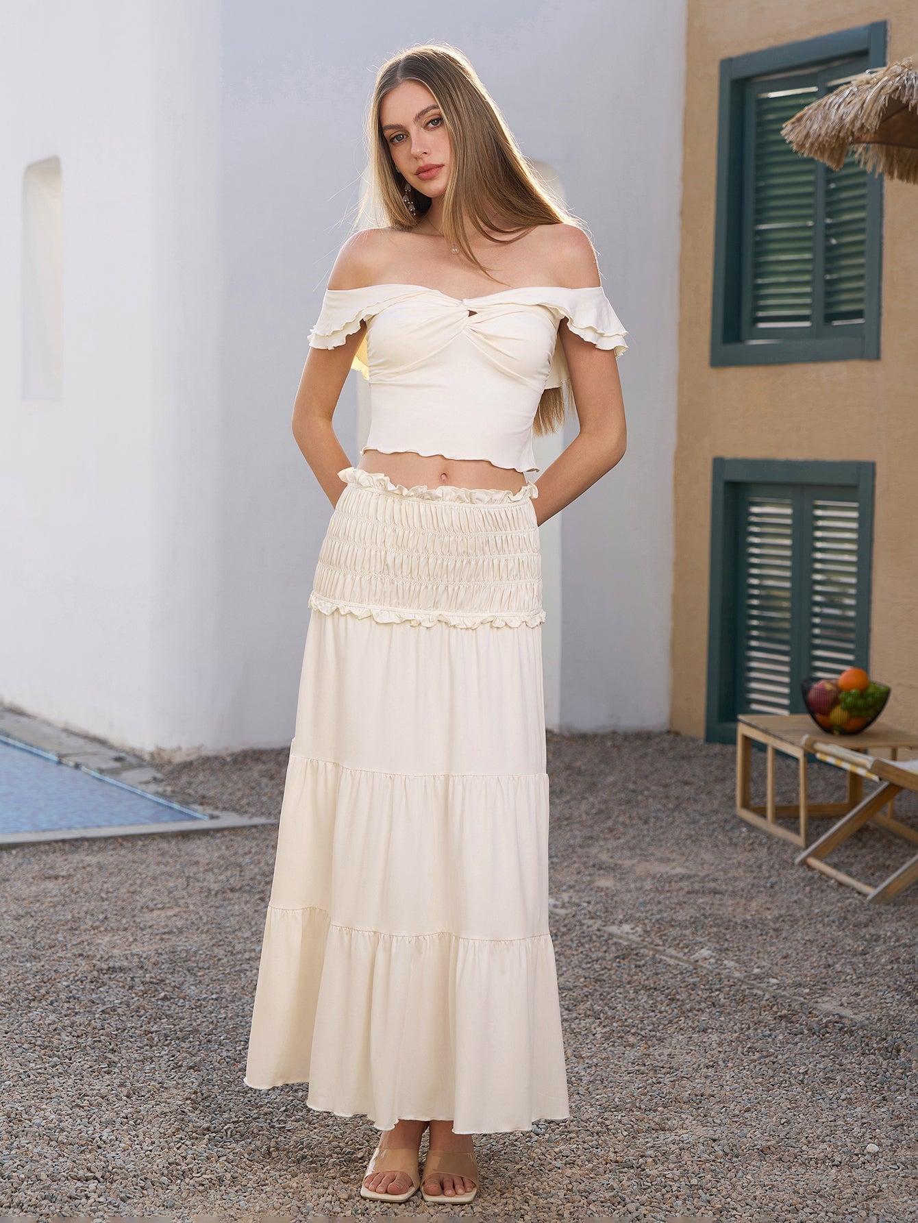 off shoulder ruched twist front top&ruffle low twist skirt#color_ivory