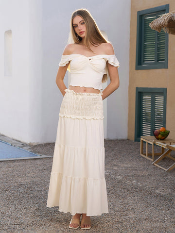 off shoulder ruched twist front top&ruffle low twist skirt#color_ivory