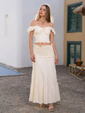 off shoulder twist front ruched top&ruffle low waist skirt#color_ivory