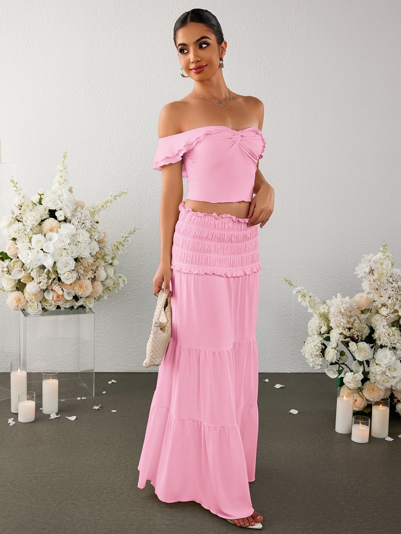 Off shoulder top and ruffle skirt set - View 9 | WEUXS