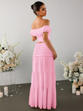 ruched off shoulder twist front top&ruffle low waist skirt#color_pink